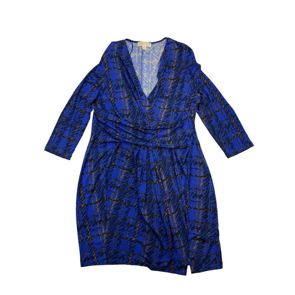Michael Kors Blue Black Gold Printed Ruched Dress Size XL